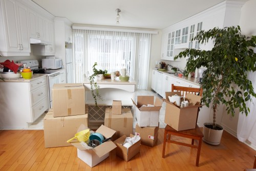 Packed boxes and furniture ready for transport in a London home move