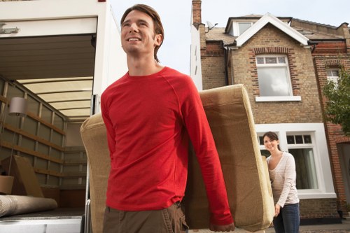 Packed furniture and boxes prepared for transport in London
